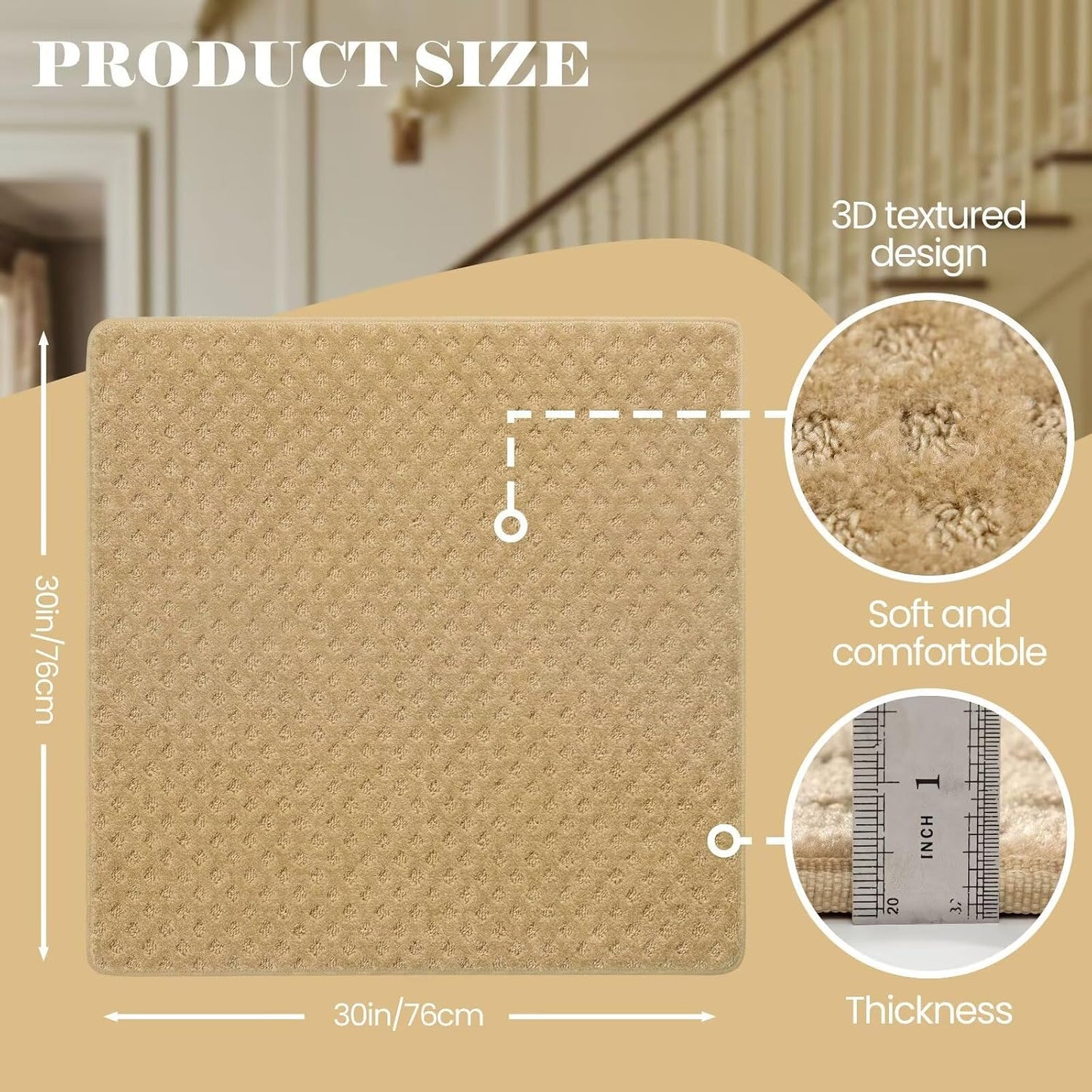 DEXDE Bullnose Stair Treads for Wooden Steps Non-Slip Stair Runner, 14 Pcs | Reusable bullnose carpet Stair Treads Indoor, Peel and Stick Stair Rugs with Edge Protection, Soft Washable, 30"x9.5" Grey