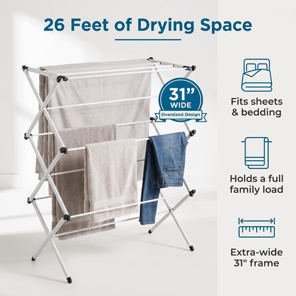 Honey-Can-Do Heavy-Duty Gullwing Clothes Drying Rack, 50 lb, White | Gullwing rack adds 46 ft of drying space with dedicated shoe bars. Sturdy metal, 50 lb capacity, folds flat.
