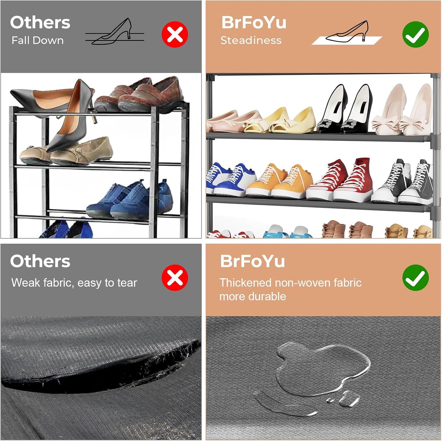 32.3" Widening Design Shoe Rack for Closet 16 Pairs Small Spaces Non-Woven 3 Tier Shoe Organizer Stackable Metal Shoe Shelf for Entryway, Bedroom