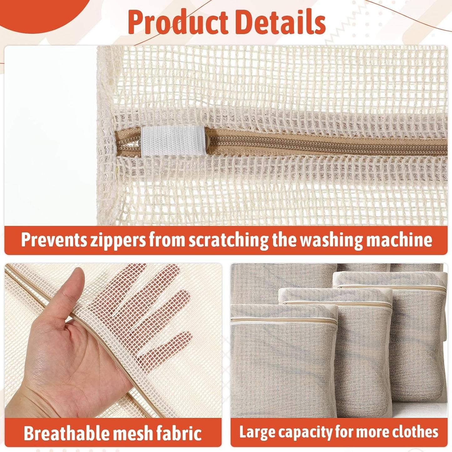 6 Piece Organic Cotton Mesh Laundry Bag Bulk, Durable Mesh Wash Bags with Sturdy Zippers and Breathable Meshes, for Underwear, Clothes, Shoes, Socks, 15.7 * 19.7Inch