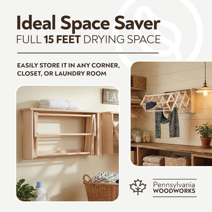 Pennsylvania Woodworks Wall Mounted Clothes Drying Rack - Heavy Duty, Collapsible Laundry Rack for Drying Clothes - Solid Maple Hardwood Foldable Drying Rack - Made in The USA - (Small)