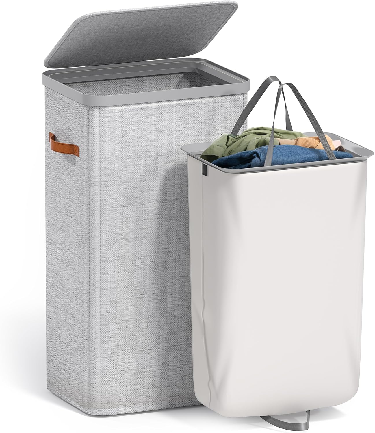Sorbus Laundry Hamper with Lid - Collapsible 3-Compartment Fabric Laundry Basket with Handles and Removable Laundry Bag – 50 Gallon (190 L) Dirty Clothes Hamper for Bedroom, bathroom and dorm (Beige)