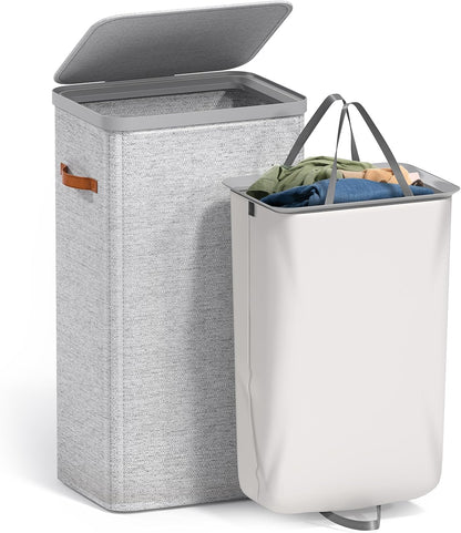 Sorbus Laundry Hamper with Lid - Collapsible 3-Compartment Fabric Laundry Basket with Handles and Removable Laundry Bag – 50 Gallon (190 L) Dirty Clothes Hamper for Bedroom, bathroom and dorm (Beige)
