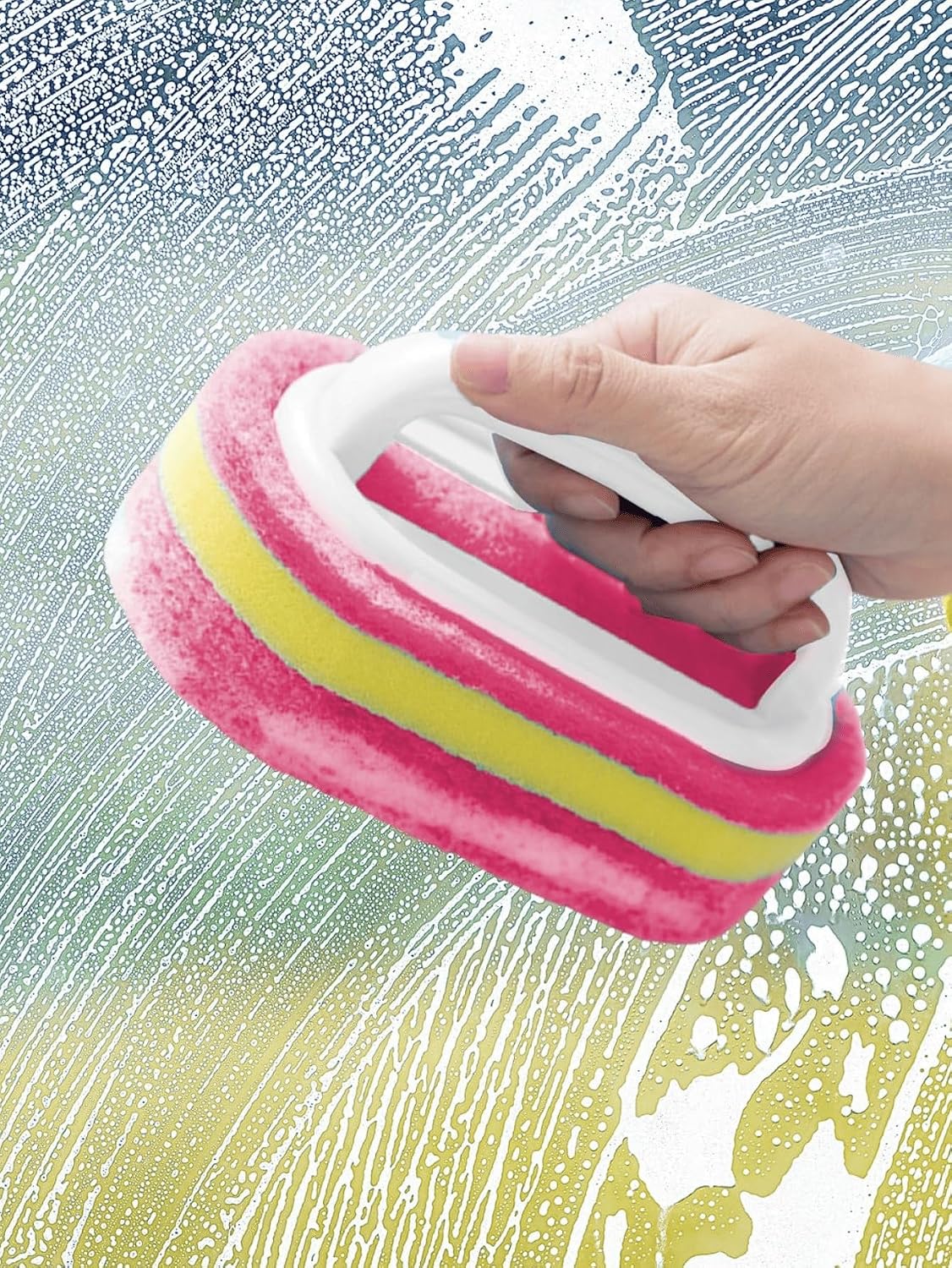 Ergonomic Long Handle Sponge Brush Set Durable Scouring 3 Pack Pad Shower Scrubber for Bathroom Bathtub Tile Grout Kitchen Sink Pot Cleaning Tool Non Scratch Heavy Duty Wand (Hot Pink)