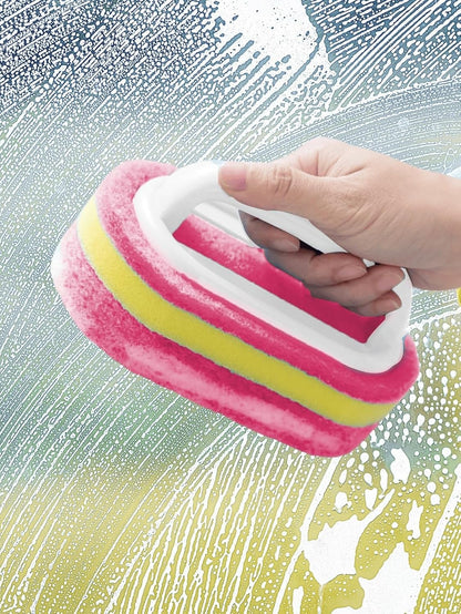 Ergonomic Long Handle Sponge Brush Set Durable Scouring 3 Pack Pad Shower Scrubber for Bathroom Bathtub Tile Grout Kitchen Sink Pot Cleaning Tool Non Scratch Heavy Duty Wand (Hot Pink)