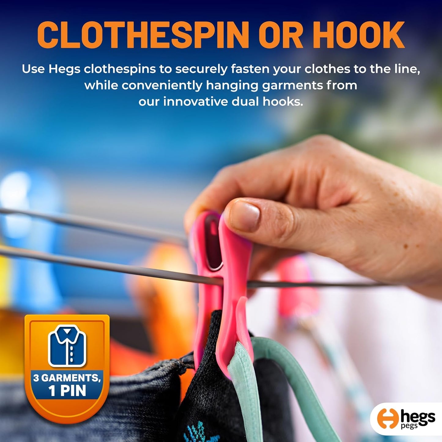 Hegs 24 Pack Multi-Color - The Smartest Heavy Duty Clothespins with Hooks - Hang 3 Garments at Once with Our Tough, Dual Hooks Clothes Pins with Anti-Rust Spring - Durable, Colorful Clothespins
