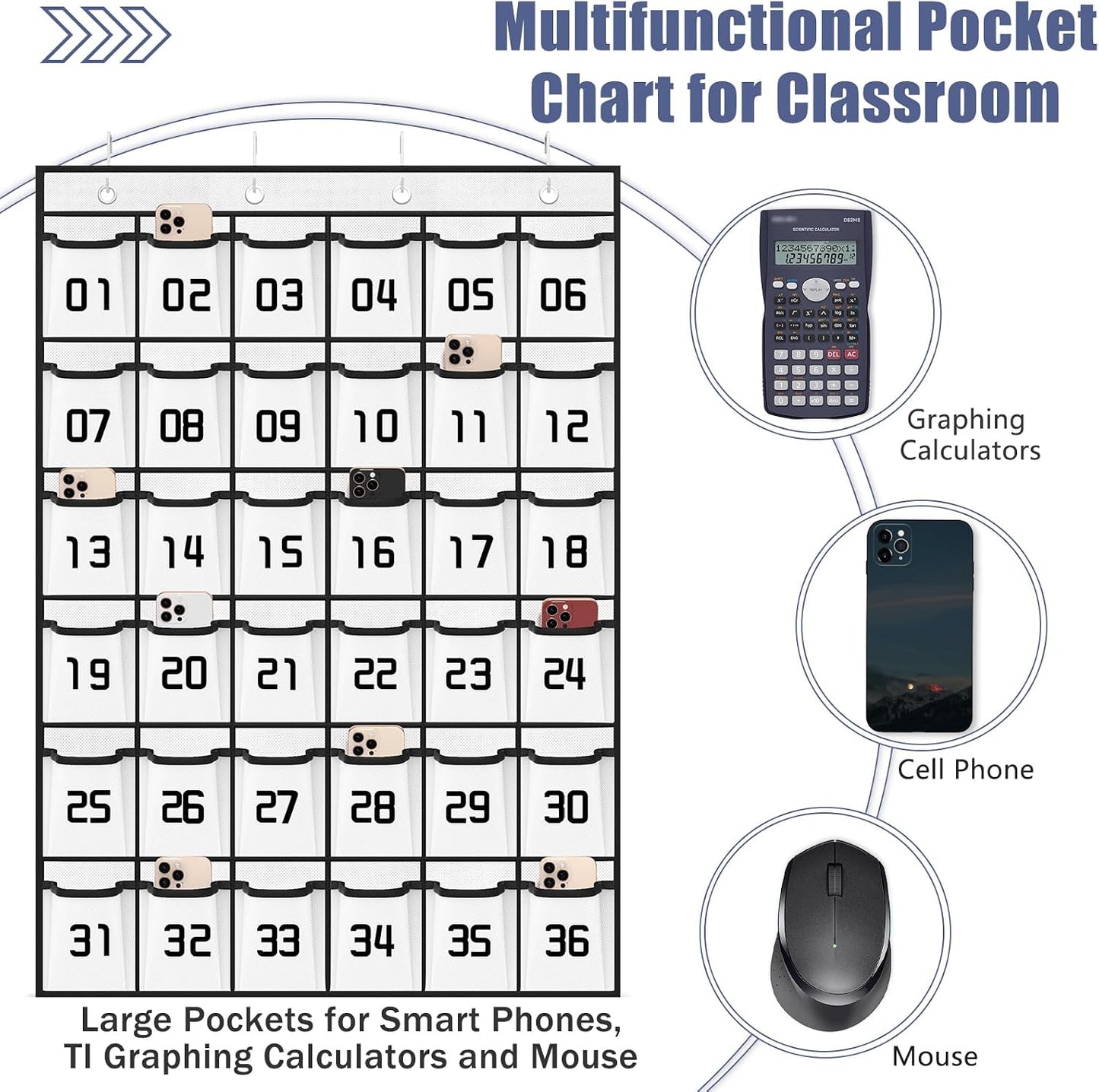 Loghot 36 Numbered Pockets Classroom Pocket Chart for Cell Phone Holder | Wall Door Hanging Pocket Organizer for Phone Calculator Holder, Phone Pouch for School Classroom & Office Phone Management