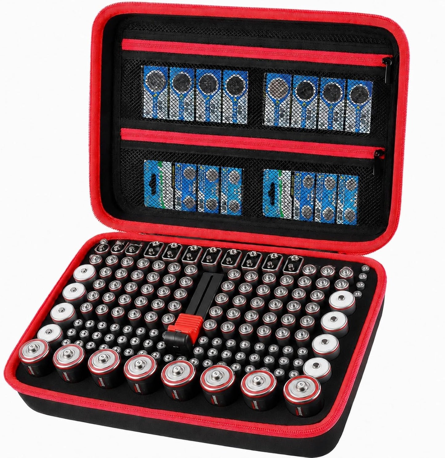 Comecase Battery Storage Case with Tester, Holds 148+ AA AAA C D 9V, Black | Hard-Shell Design, Carry Handle and Custom Foam Slots Keep Batteries Visible, Separated and Ready for Home, Garage or Office