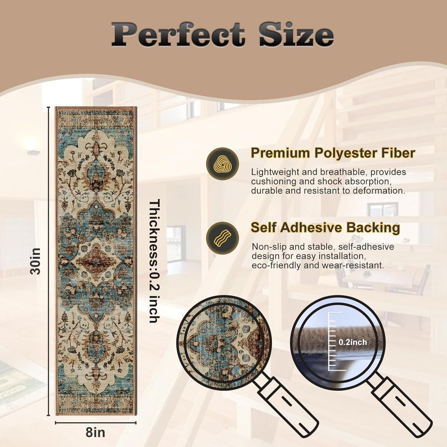 Non Slip Stair Treads for Wooden Steps, 15 Pack 8"x30" Washable Carpet | 8x30 in soft chenille polyester stair treads with reusable TPE backing for indoor wood stairs, dogs, kids, and seniors