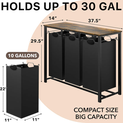 Simple Houseware 3-Section Laundry Sorter with Tabletop Shelf, 3 Pull-Out 10-Gallon Hampers, Metal Frame Laundry Organizer for Bedroom, Bathroom, Rustic Brown
