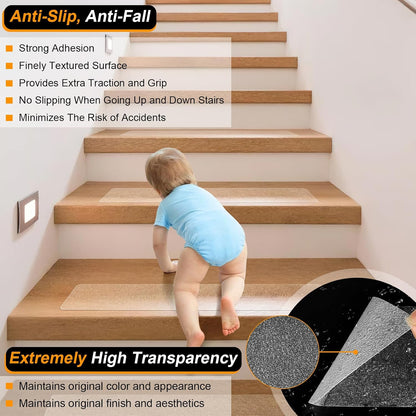 SMILOOL Clear Non-Slip Treads for Wooden Steps Indoor 5 Pack 4" x 32" Pre-Cut Anti-Slip Strips, Grip Tape Transparent Grips for Wood Stairs, Dogs, Kids and Pets, Waterproof