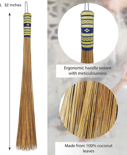 32 inch Multi-Surface Sturdy Outdoor Authentic Coconut Leaf Broom Asian Heavy Duty Broom Thai Natural Coconut Leaf Broom (Country Rustic) 1 Piece (2 piece)
