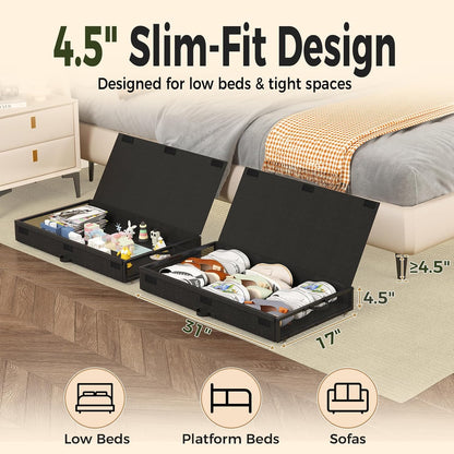 2 Pack Under the Bed Storage Containers,10 inch Height Under Bed Shoe Storage,31inch Long Underbed Storage with Wheels,Large Rolling under bed Clothes Storage Drawers with Lid for Dorm Tall ,Black