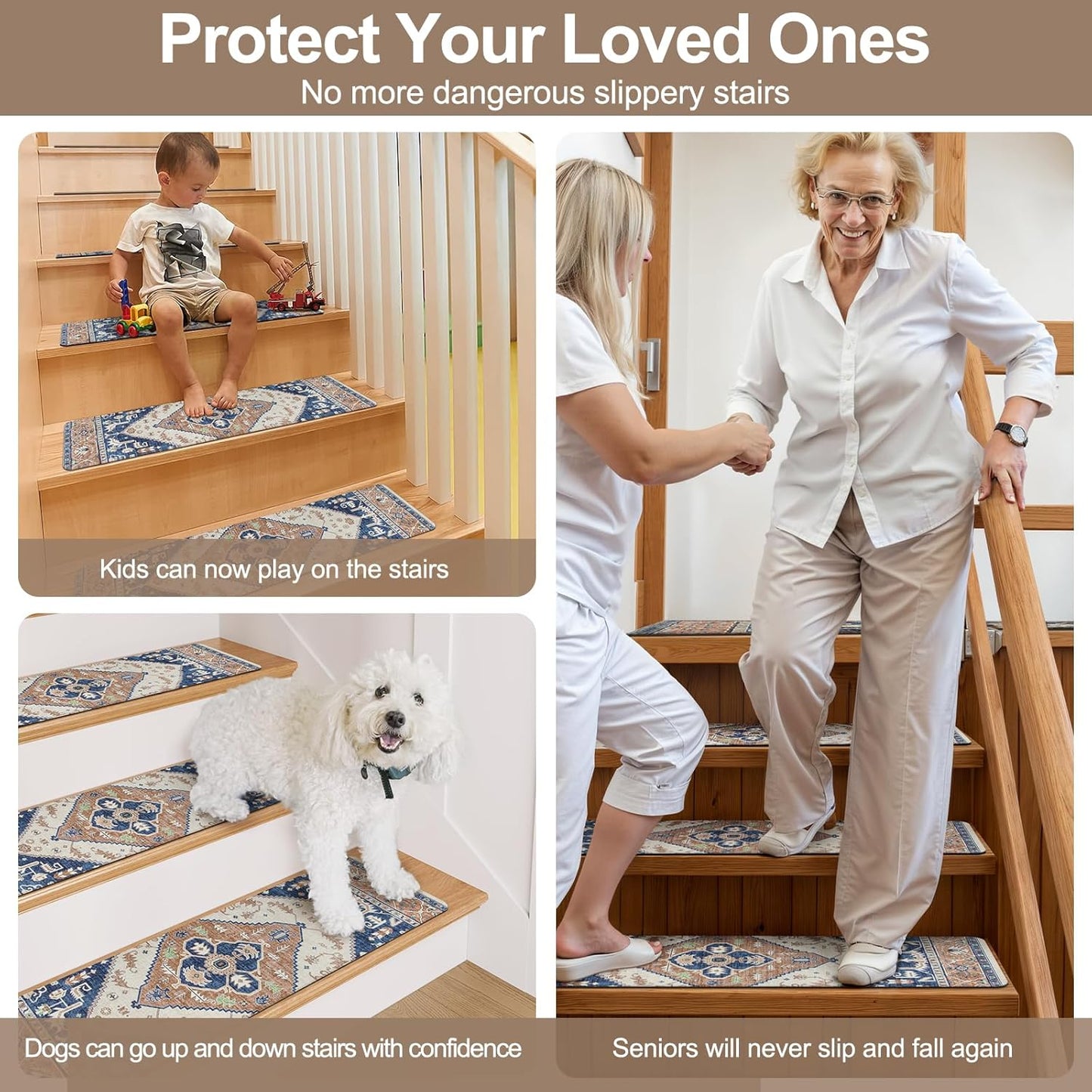 OJIA Non-Slip Carpet Stair Treads for Wooden Steps Set of 15, 30''X8'' Indoor Runner Resistant Rugs Rubber Safety Mats for Dogs, Kids & Elders, Stairway Grip
