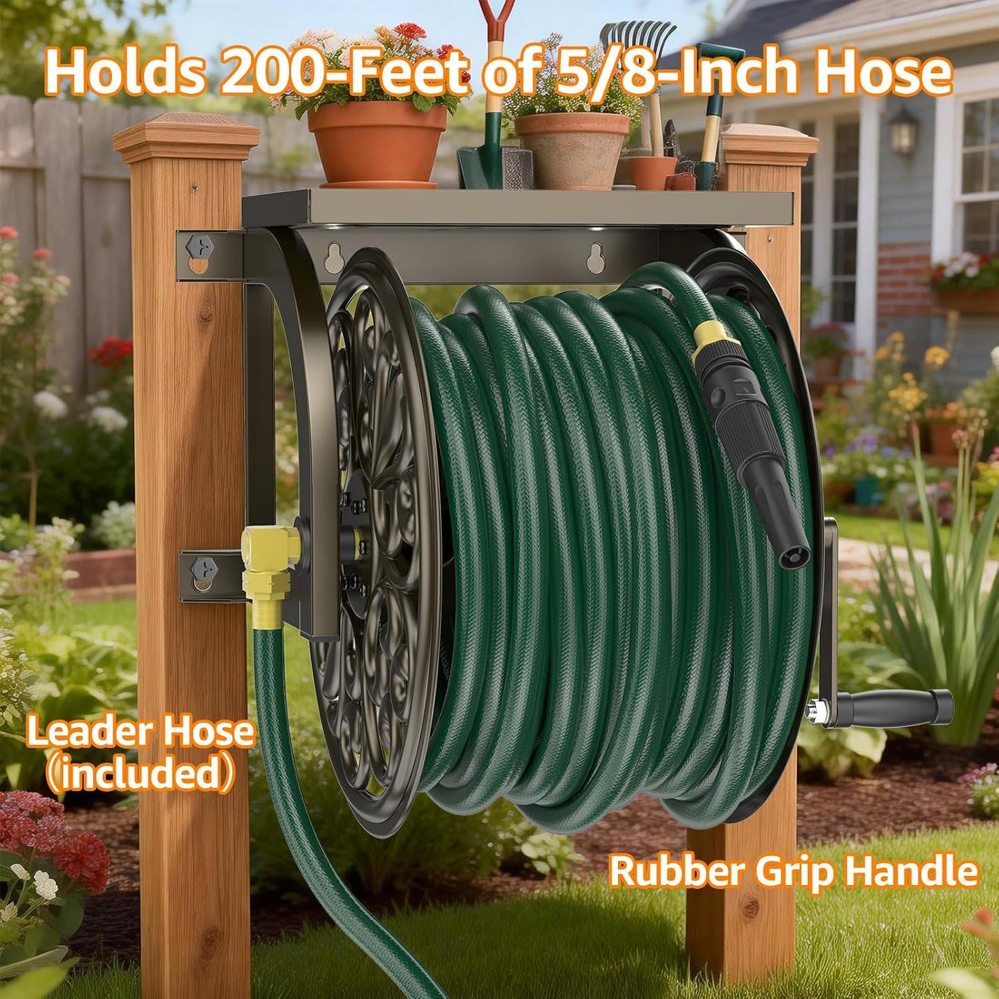 GOFORWILD Garden Wall Mount Hose Reel, Decorative Hose Reel, Garden Heavy-Duty Water Hose Holder Winder, Holds 200-Feet of 5/8-Inch Hose