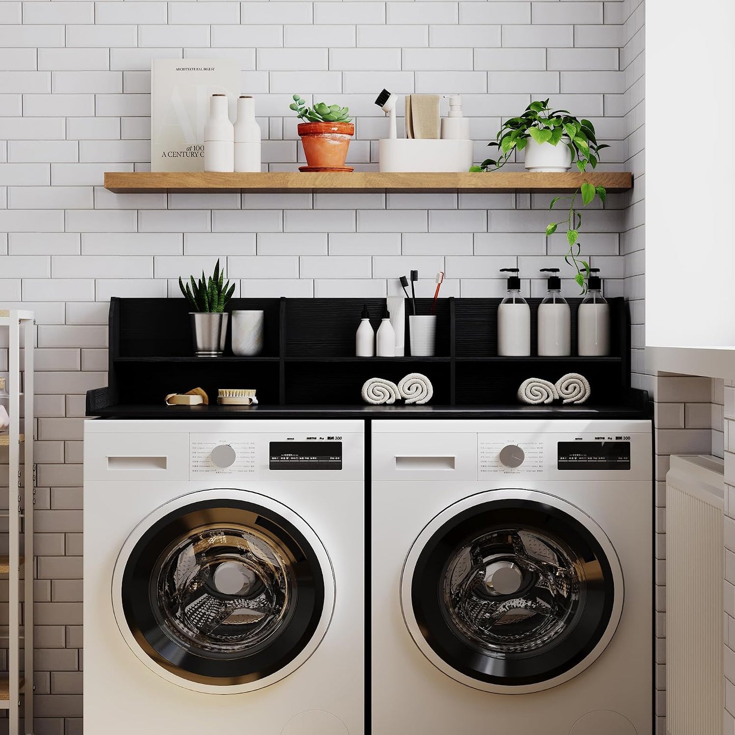 ChooChoo 2-Tier Washer Dryer Countertop with Adjustable Shelf, Spacious Laundry Room Storage for Folding Clothes and Efficient Organization, Walnut
