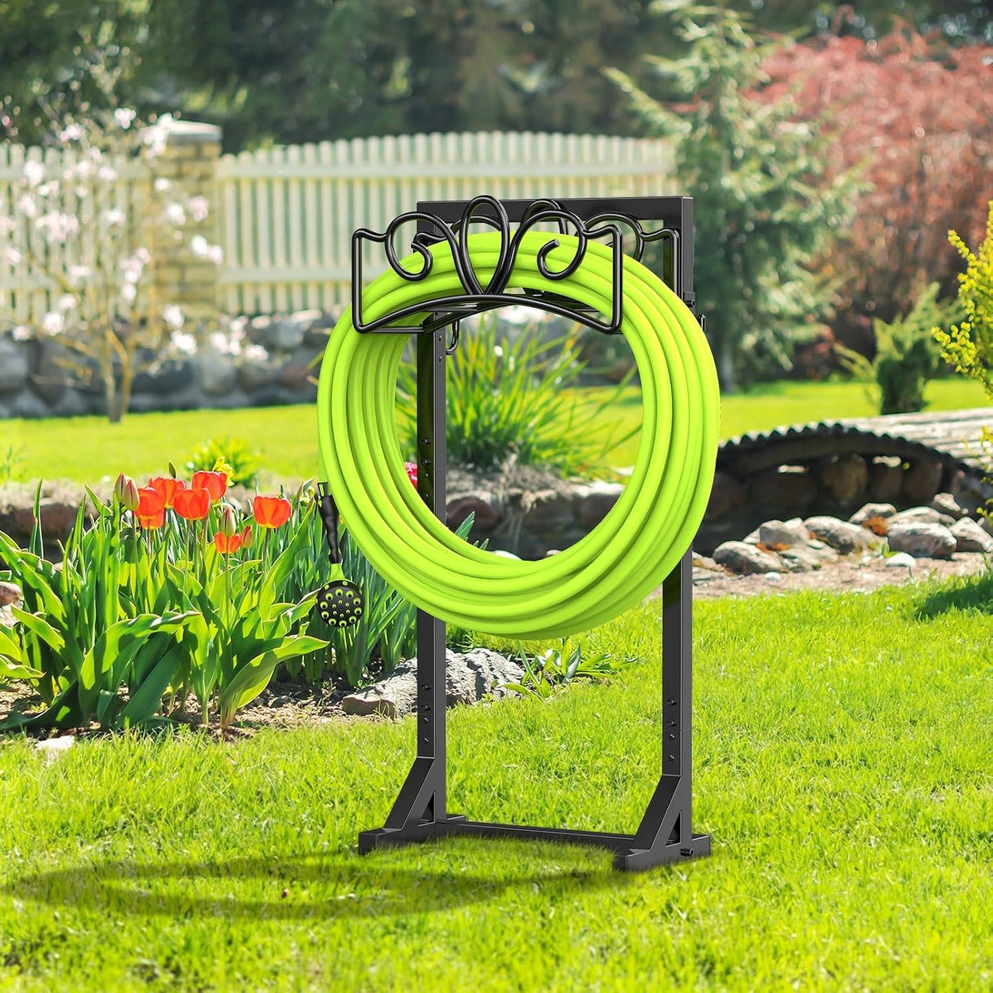 Garden Hose Holder Reel, Upgraded Metal Hose Reels Holds 150ft Hose, Heavy Duty Freestanding Water Hose Holders, Detachable Hose Storage Hanger for Outside - Fan-Shaped