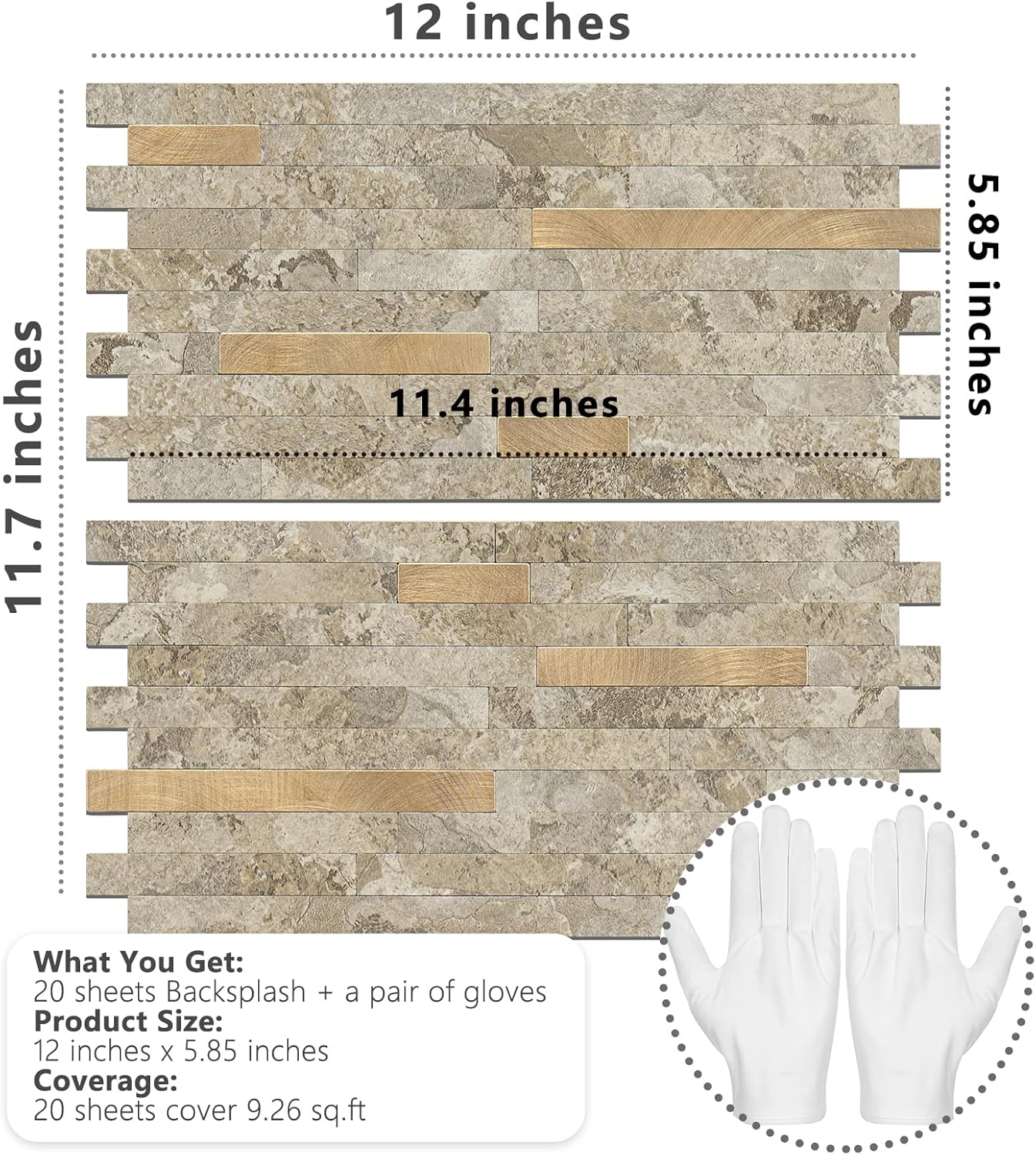 STICKGOO 20 Sheets Peel and Stick Backsplash Tile, Stick on Backsplash for Kitchen and Bathroom, White Sandstone Look PVC Mixed Metal Gold Self Adhesive Wall Tiles