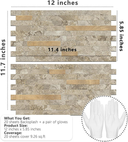 STICKGOO 20 Sheets Peel and Stick Backsplash Tile, Stick on Backsplash for Kitchen and Bathroom, White Sandstone Look PVC Mixed Metal Gold Self Adhesive Wall Tiles