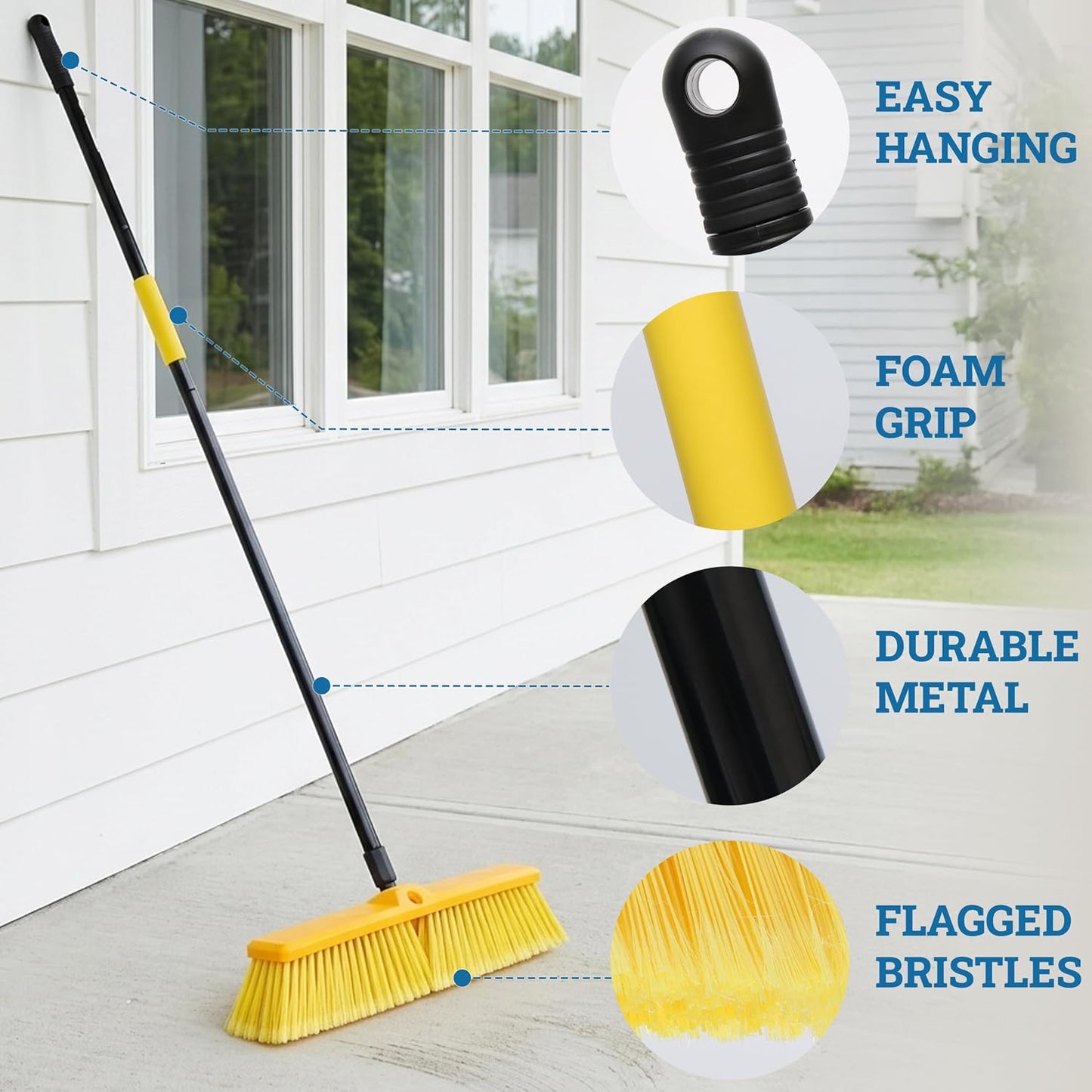 KLEEN HANDLER 24" Heavy Duty Push Broom with 61" Long Extendable Metal Handle with Threaded Plastic Screw for Deck Driveway Garage Yard Patio Warehouse Hard Floor Cleaning
