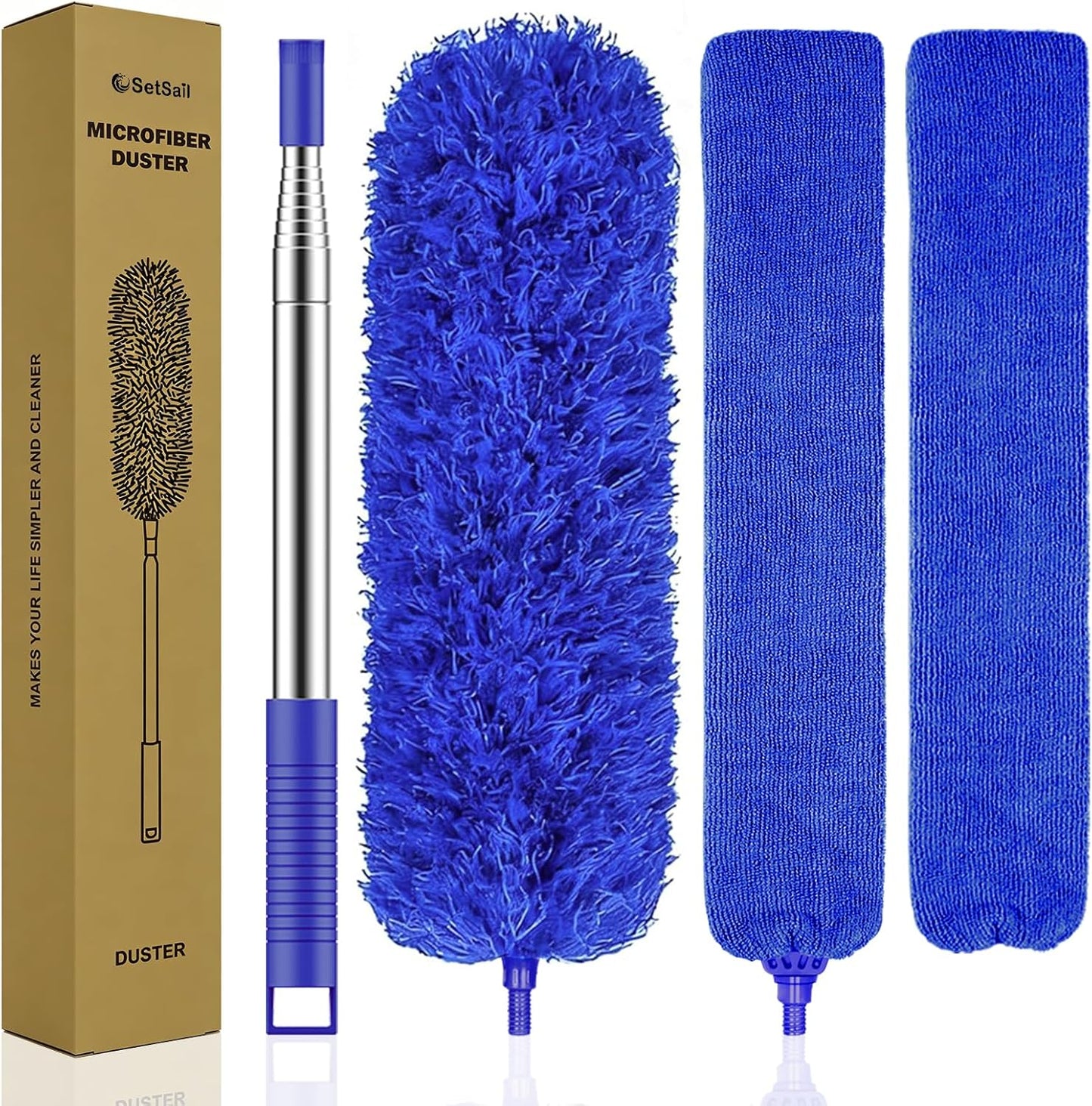 SetSail Extra-Long Dusters with Extension Pole 100-inch for Cleaning, Bendable Microfiber Head Washable Ceiling Fan Duster for High Ceilings, Furniture