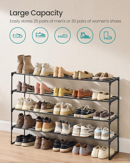 SONGMICS Shoe Rack, 6-Tier Shoe Organizer, Metal Storage Shelf, Upright or Upside Down, for 24-30 Pairs, Stackable, for Entryway, 11.8 x 36.2 x 42.7 Inches, Black ULSA306BH01