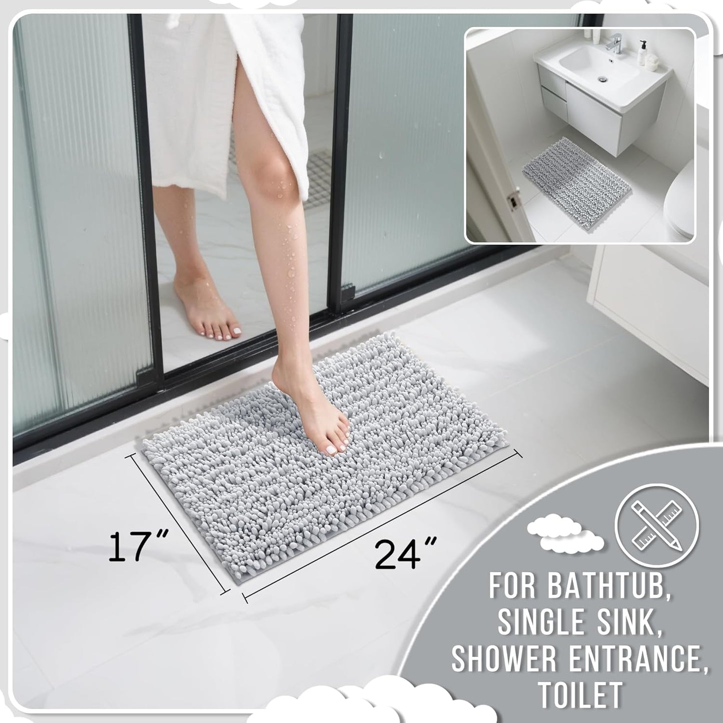 Yimobra Bathroom Rugs Non Slip Washable - Ultra Soft Absorbent Chenille Bath Mat, Quick Dry Shaggy Floor Carpet for Tub Shower, Gray Home Decor Accessories, 24x17 Inch
