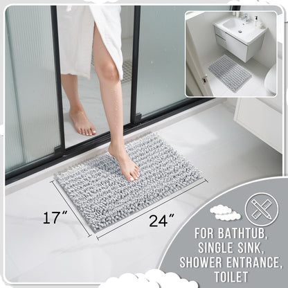 Yimobra Bathroom Rugs Non Slip Washable - Ultra Soft Absorbent Chenille Bath Mat, Quick Dry Shaggy Floor Carpet for Tub Shower, Gray Home Decor Accessories, 24x17 Inch