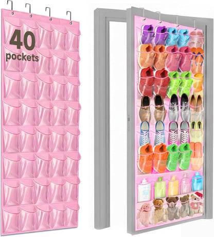 40 Pockets Over the Door Shoe Organizer – Waterproof Hanging Shoe Holder for Closet & Bathroom – Space-Saving Clear PVC Door Shoe Rack for Shoes, Toys, Toiletries & Snacks (White)