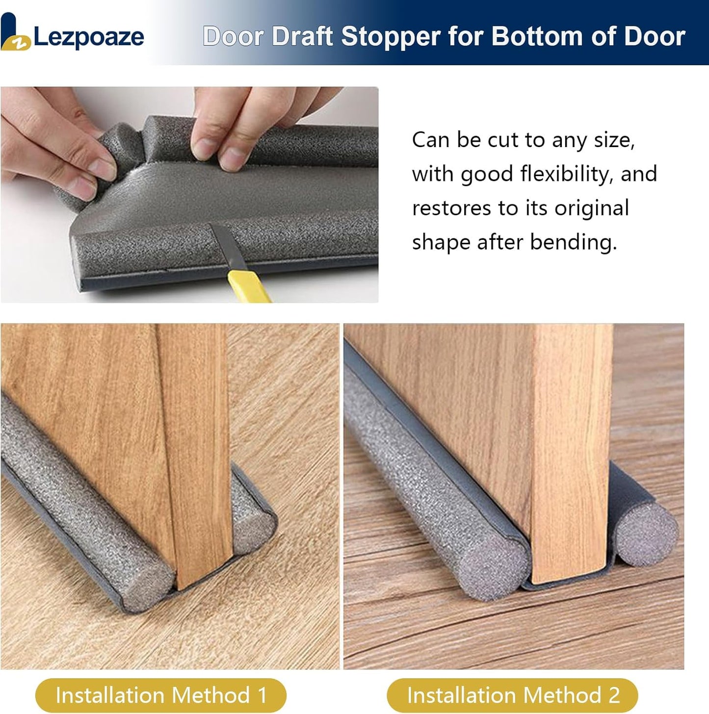 Door Draft Stopper for Bottom of Door - Adjustable Under Door Sweep, No Adhesive, Blocks Cold Air, Hot Air, Noise, Light & Bugs, Weather Stripping Gap Filler, Easy Install, 36" Length, Grey