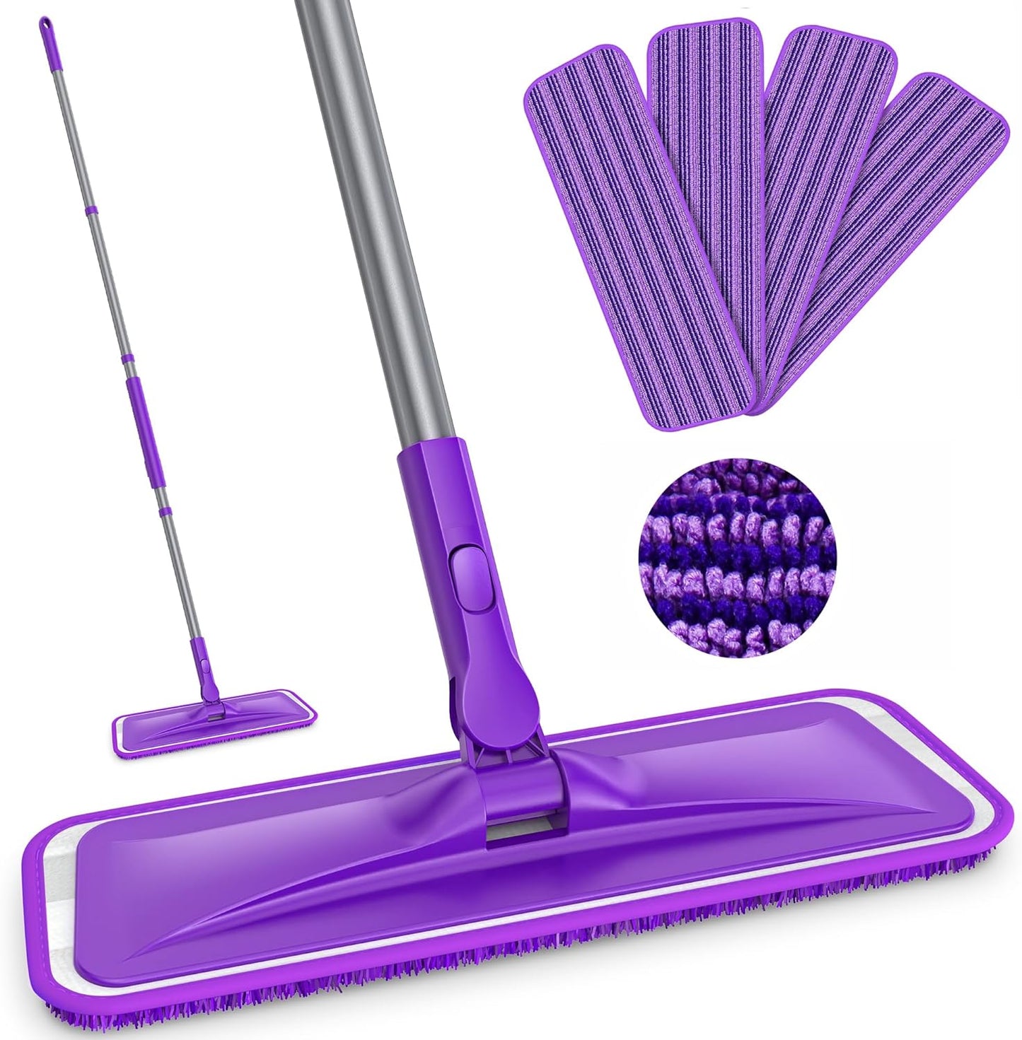 Microfiber Mops for Hardwood Floor Cleaning - BPAWA Flat Floor Mop with 4 Washable Pads for Laminate Wood Tile Vinyl Home Kitchen Bathroom - 59" Adjustable Handle