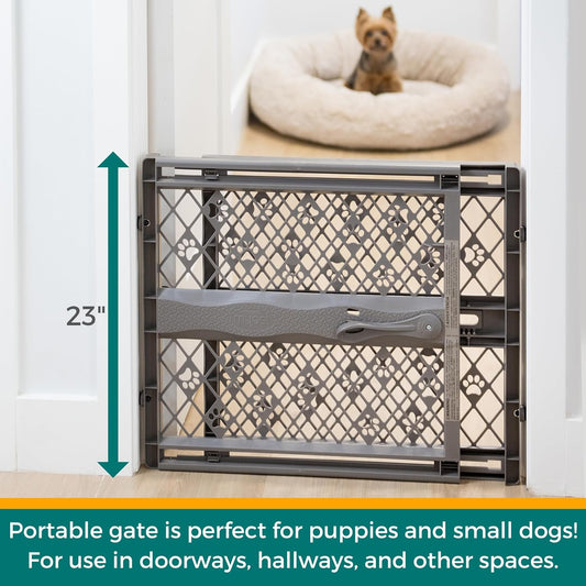 MYPET Paws Portable Pet Gate: 26-40" Wide Expandable, Pressure Mounted No Tools Needed, Durable Dog Gate for Doorways, Made in USA, 23" Tall, Fieldstone Gray