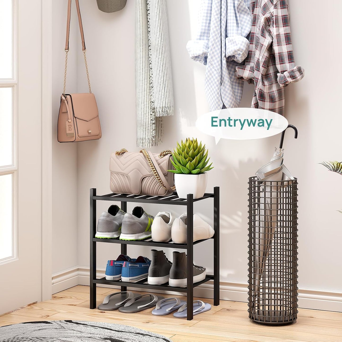viewcare 3-Tier Black Bamboo Shoe Rack for Entryway, Stackable | Foldable | Natural, Shoe Shelf Storage Organizer for Hallway Closet, Free Standing Shoe Racks for Indoor Outdoor