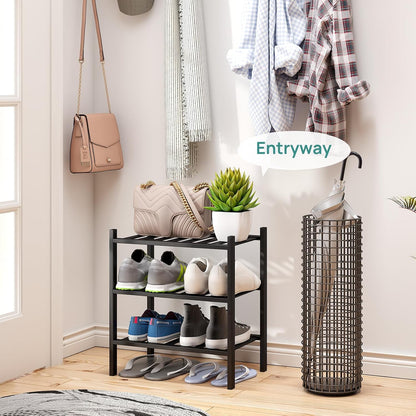 viewcare 3-Tier Black Bamboo Shoe Rack for Entryway, Stackable | Foldable | Natural, Shoe Shelf Storage Organizer for Hallway Closet, Free Standing Shoe Racks for Indoor Outdoor