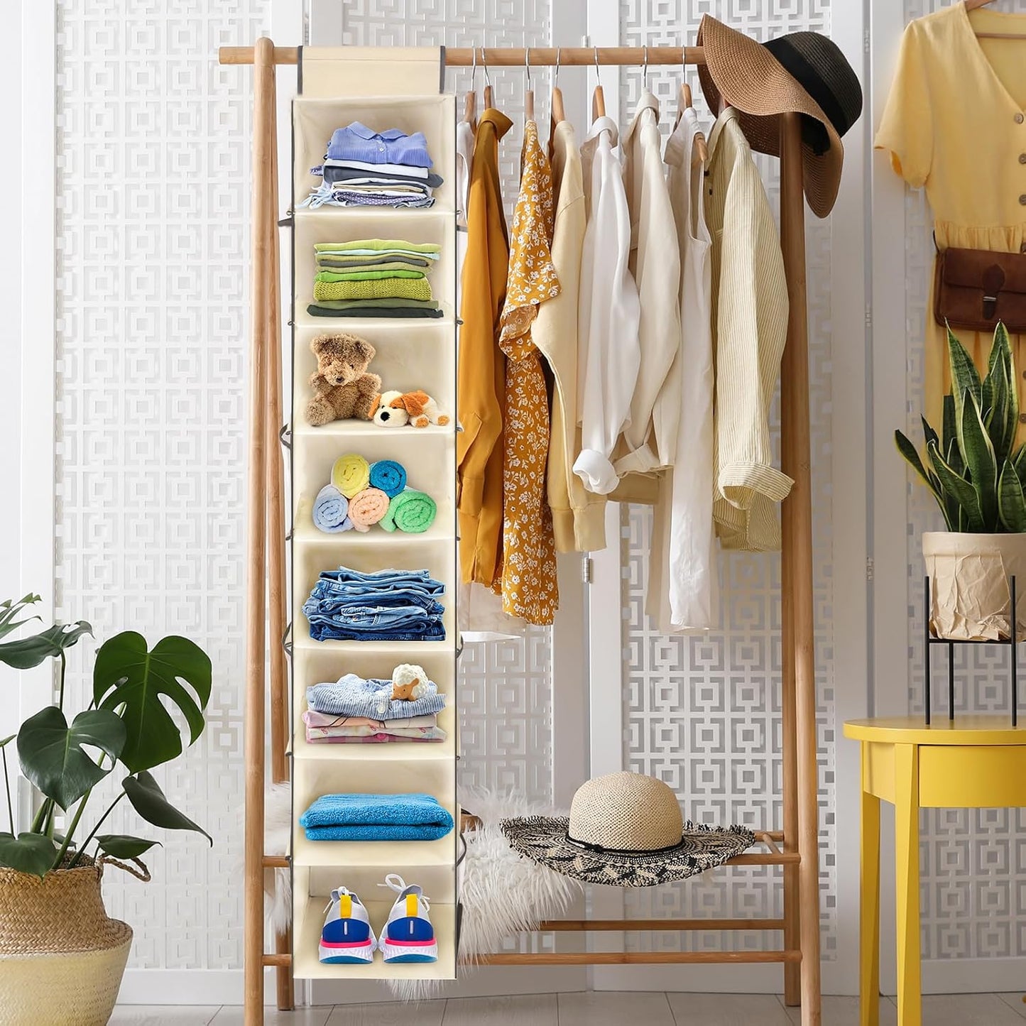 Large-Sized Hanging Shoe Organizer 8-Shelf, Hanging Closet Organizer with 8 Side Pockets, Wider Hanging Shelves for Storage Shoes Clothes 9" W × 11.8" D× 48" H, Grey