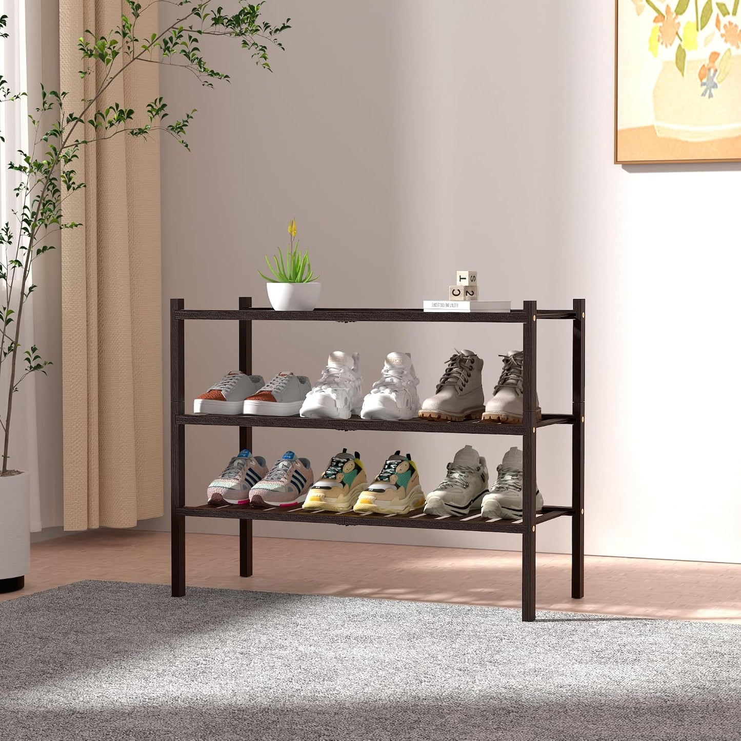 ROMGUAR CRAFT 3 Tier Bamboo Shoe Rack for Closet Free Standing Wood Shoe Shelf Storage Organizer for Entryway Small Space Stackable 27"x11"x20" (Natural)