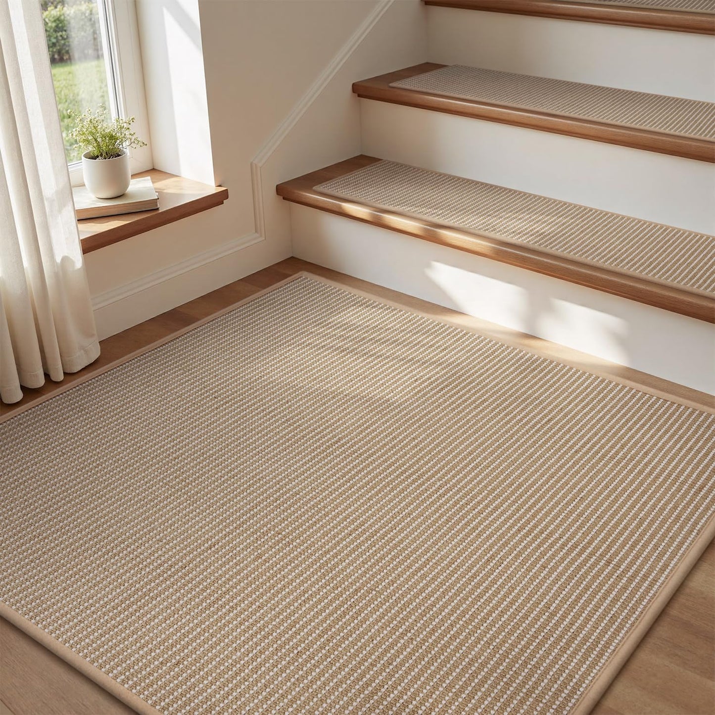 1PC Jute Stair Treads for Wooden Steps-Stairs Carpet Non Slip-Peel and Stick Stair Treads Indoor, Adhesive Staircase Step Treads Residue Free, Durable Natural Stair Runner Rug,8"x30" Beige