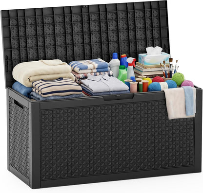EasyUp 33 Gallon Resin Deck Box Waterproof, UV Resistant Outdoor Storage Box for Delivery, Porch, Patio and Garden, Stripe Black