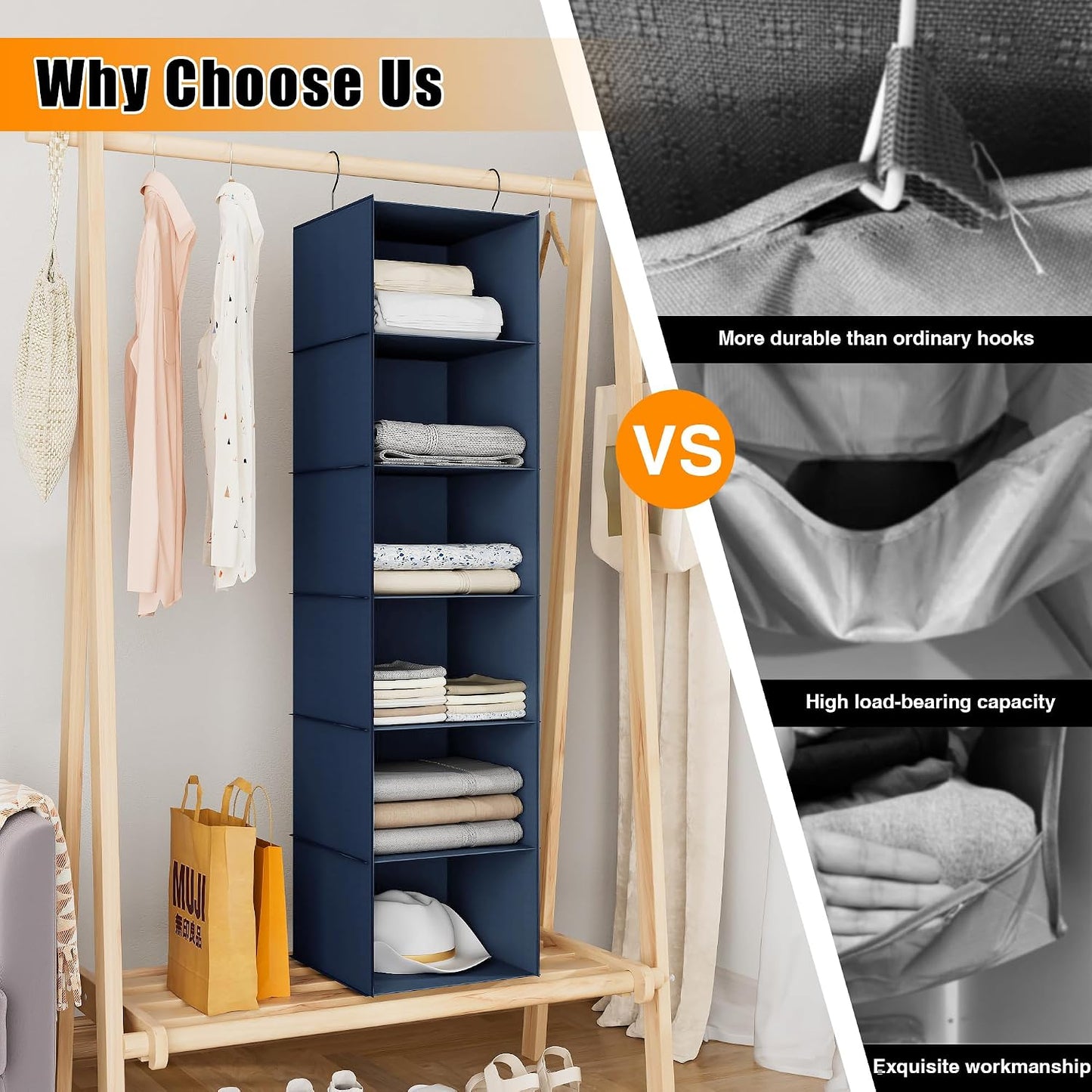 Hanging Closet Organizer 3-Shelf, Oxford Fabric Wardrobe Storage, Gray | Easy-mount foldable design holds clothes, handbags, shoes & accessories; washable Oxford fabric, sturdy and space-saving.