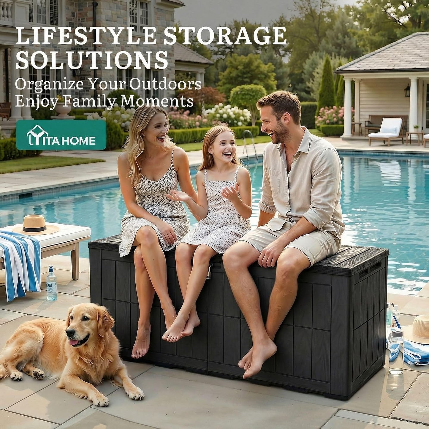 YITAHOME 134 Gallon Large Deck Box | Waterproof Resin Outdoor Storage Box with Lock, Doubles as 2-Person Bench Seating for Patio Furniture Cushions,Garden Tools &