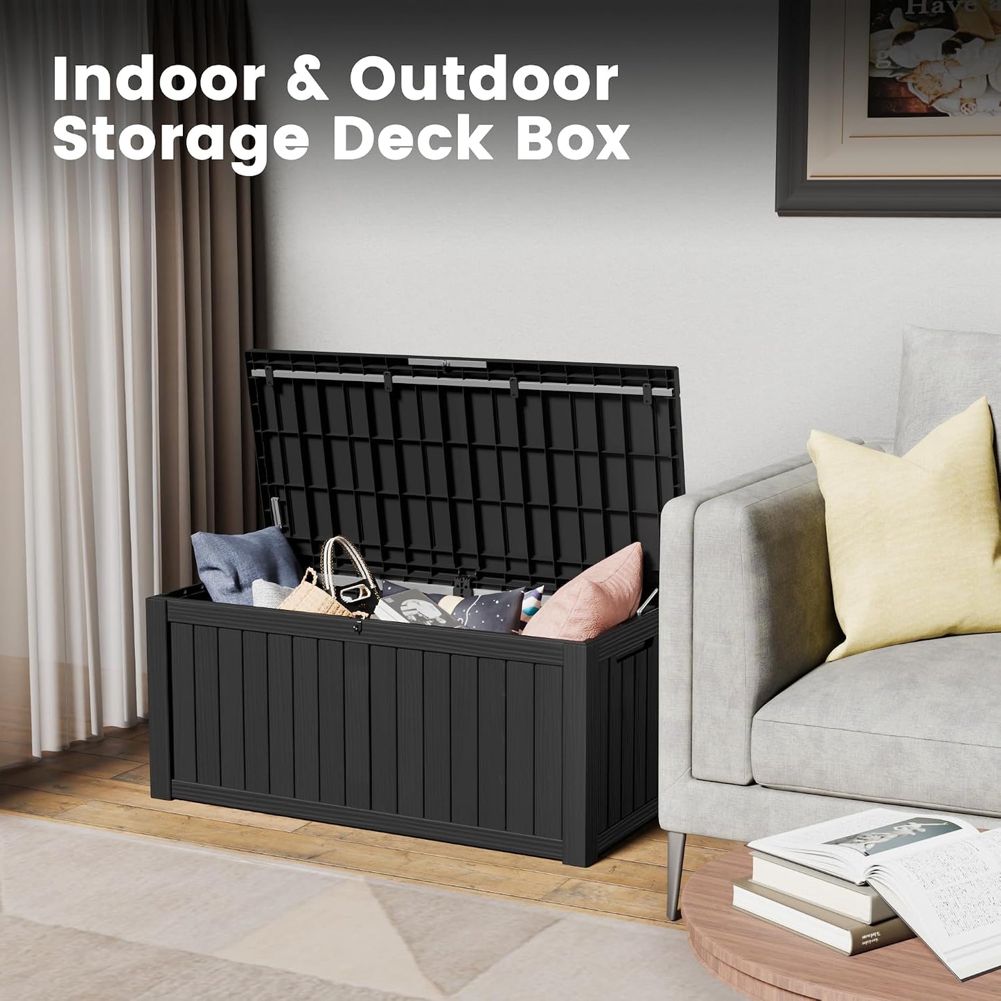 100 Gallon Storage Box, Waterproof Resin Deck Box with Hydraulic Piston Design, Lockable Storage Bench for Package Delivery, Storage Bin for Patio Cushions, Garden Tools, Black