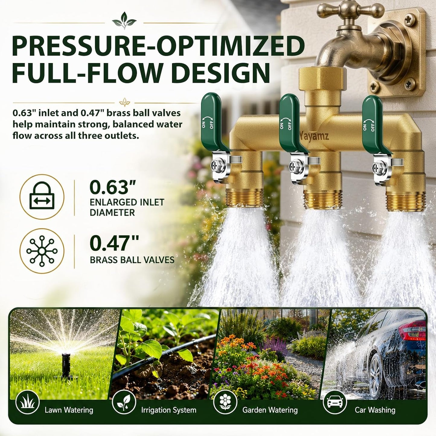 Garden Hose Splitter 3-Way, Heavy Duty Brass Hose Splitter | Outdoor Water Spigot Splitter, Full Flow, Long Handles, Shut-off Valves, Wide Spacing Fit Large Timer