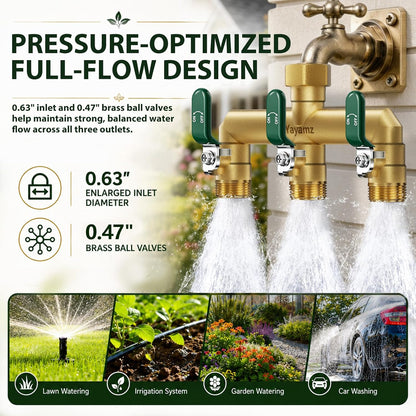 Garden Hose Splitter 3-Way, Heavy Duty Brass Hose Splitter | Outdoor Water Spigot Splitter, Full Flow, Long Handles, Shut-off Valves, Wide Spacing Fit Large Timer