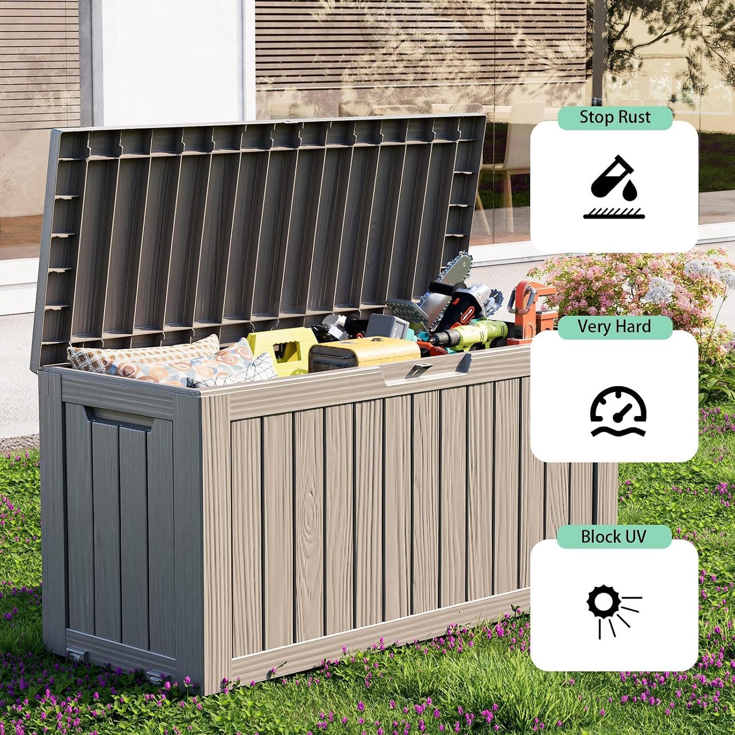 Outdoor Waterproof Resin Storage Deck Box Lockable Outside Bench UV Resistant Bin Patio Porch Furniture Pool Float Garden Tool Cushion (Black, 85 Gallon)