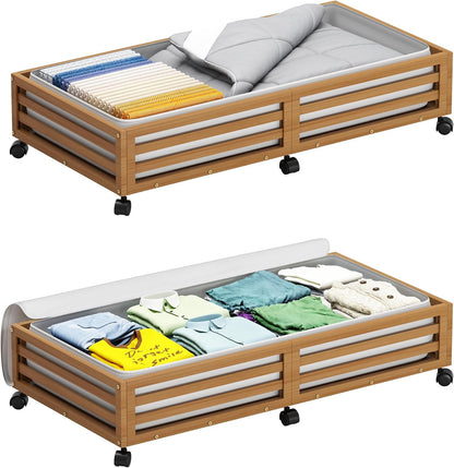 Wisuce 2 Packs Bamboo Under Bed Storage Organizer with Wheels White Small | 360° Lockable Wheels,120lbs Load Capacity, Multi-scene ,Dustproof Clear Storage Bag, Large Capacity,Easy Quick Assembly