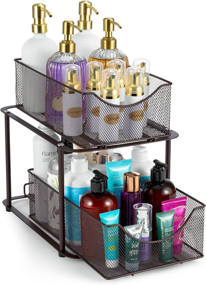 Sorbus 2 Tier Metal Under Sink Organizer for Bathroom, Kitchen, Strong Steel Mesh Sliding Drawers for Under Sink, Under Cabinet, Closet, Kitchen, Pantry, Bathroom Organizers and Storage (Black)