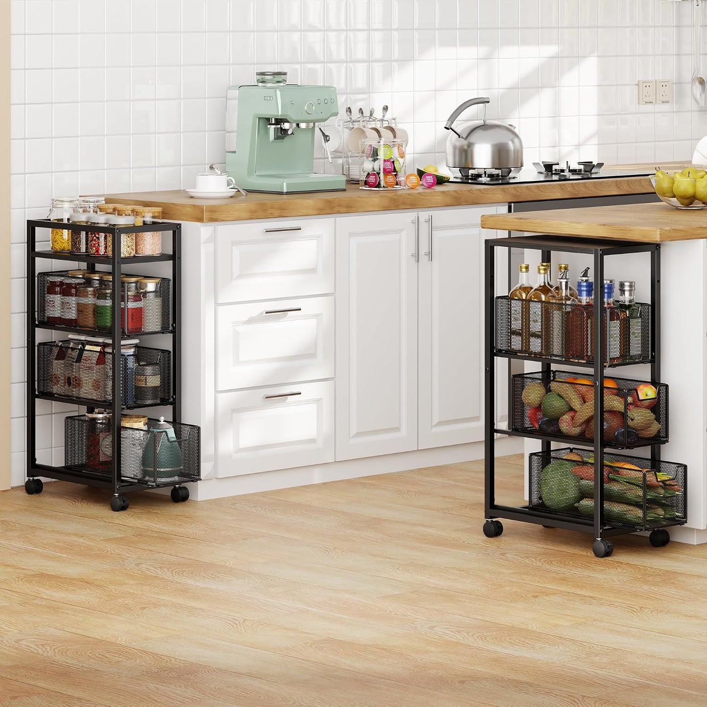 4 Tier Kitchen Rolling Cart, Kitchen Storage Cart with Wheels, Adjust Pantry Organizer and Storage Cart with Drawer, Fruit Vegetable Spice Storage Cart, Wooden Top Metal Kitchen Organizer Rack Stand