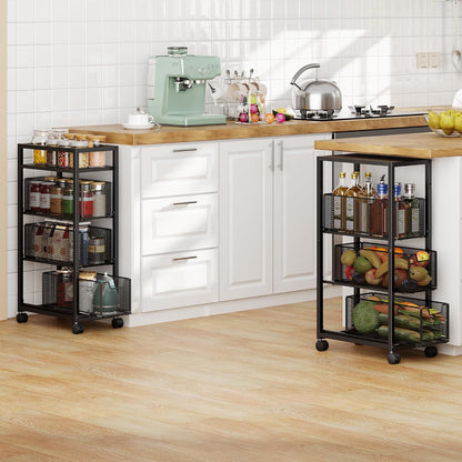 4 Tier Kitchen Rolling Cart, Kitchen Storage Cart with Wheels, Adjust Pantry Organizer and Storage Cart with Drawer, Fruit Vegetable Spice Storage Cart, Wooden Top Metal Kitchen Organizer Rack Stand