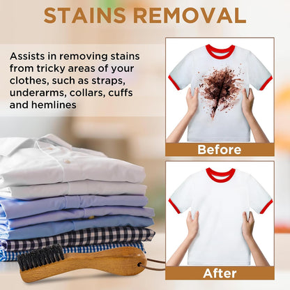 TAKAVU Laundry Stain Brush, Natural Black Boar Bristle, Safe on Delicates | Clothes Cleaning Scrubber, Stain Remover for Shirts, Collars, Cuffs & Shoes, Curved Beech Wood Handle with Hanging Loop