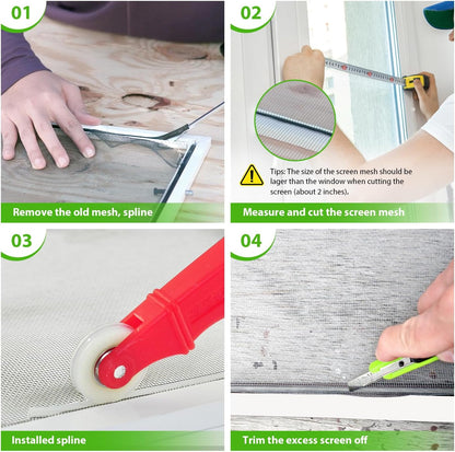 Ouskr Replacement Window Screens Kit, 48X118 Inch Durable Window Screen Mesh for Patio Porch Door Windows, DIY Adjustable Fiberglass Screen Repair Kit with Rolling Tool Hook Ruler Cutter Spline